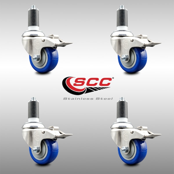 Service Caster 3.5 Inch 316SS Blue Poly Swivel 1-1/4 Inch Expanding Stem Caster Set Lock Brake SCC-SS316TTLEX20S3514-PPUBBLUE-114-4 - main